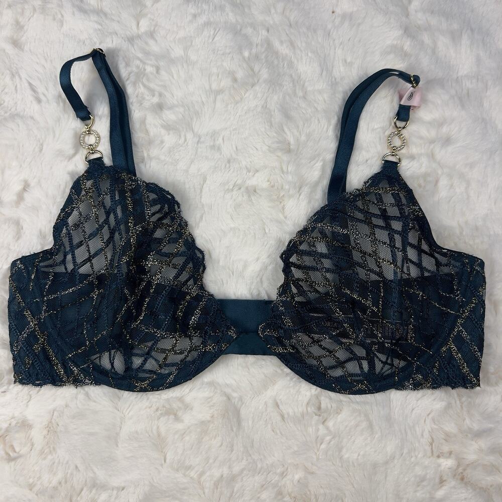 Victoria’s‎ Secret Very Sexy Dark Green Mesh Lace Shimmery Demi Bra 34B Gold Det